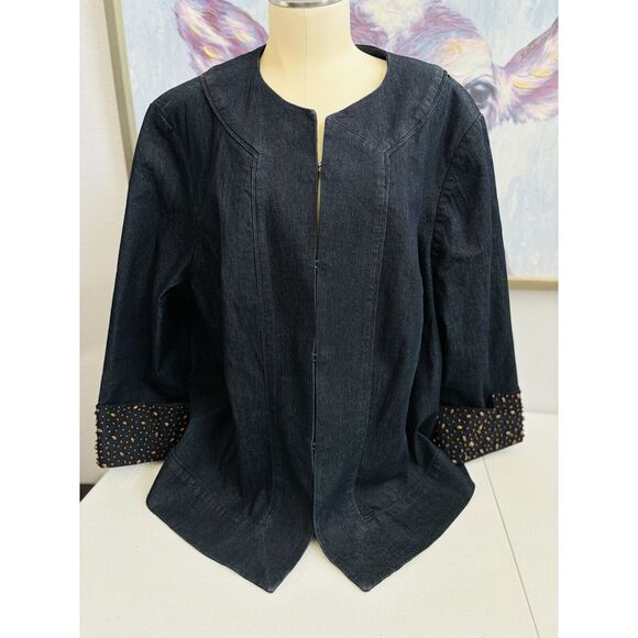 Focus 2000 Women's 22W Dark Wash Denim 3/4 Beaded‎ Sleeve Lined Jacket - Picture 1 of 15